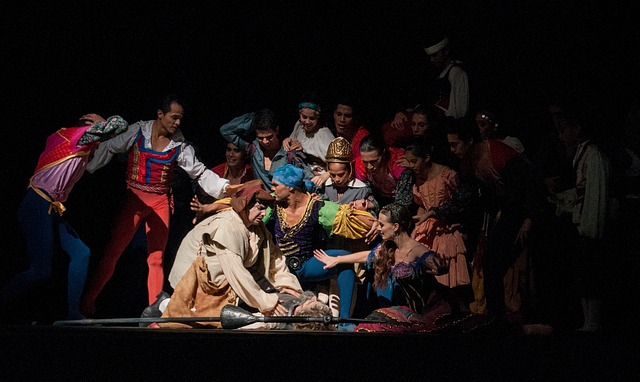 Un'immagine di uno spettacolo teatrale in corso, con gli attori che si esibiscono sul palco, affascinando il pubblico con le loro espressioni teatrali, i costumi e la scenografia.
